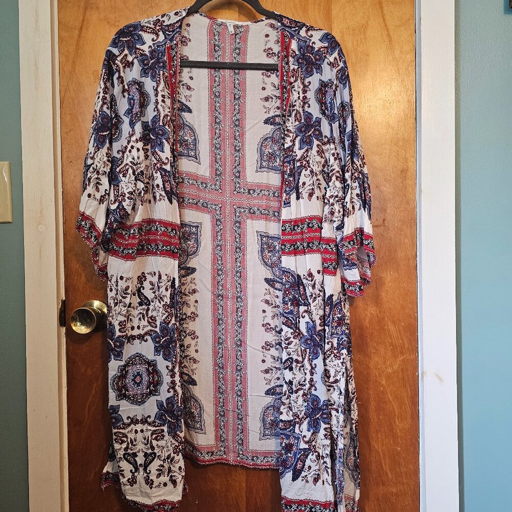 Red white and blue floral kimono